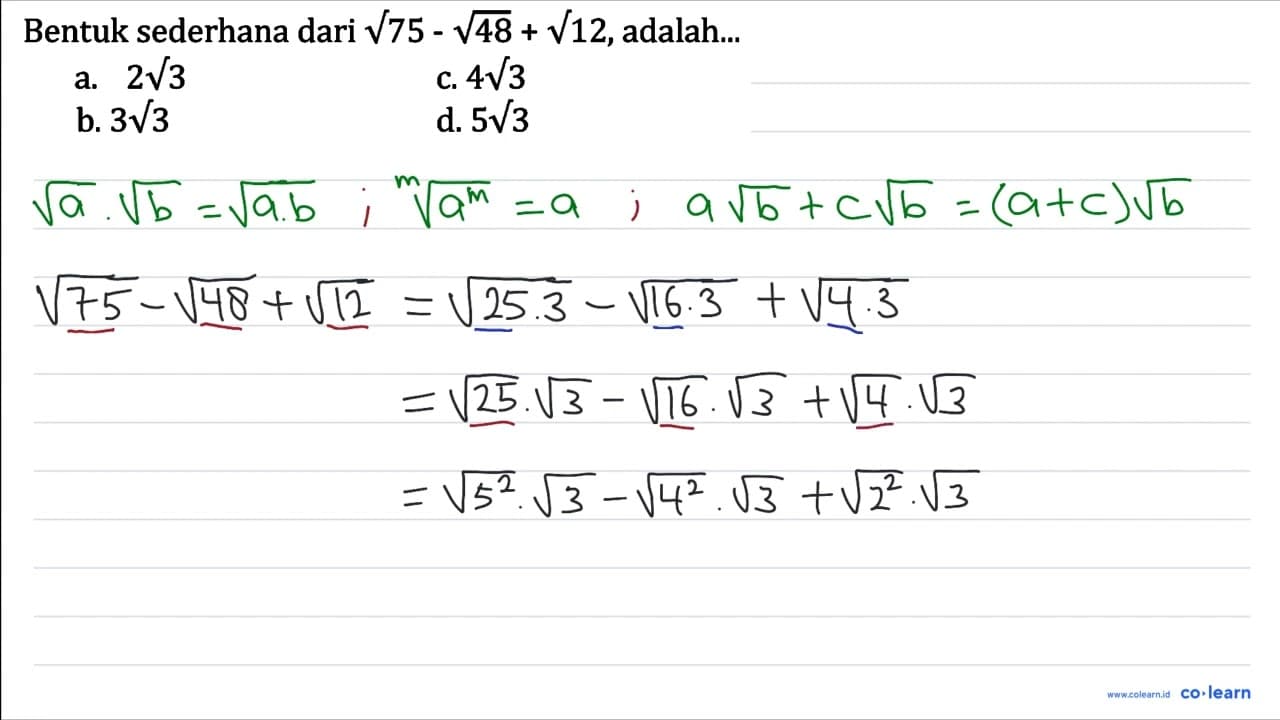 Bentuk sederhana dari akar(75) - akar(48) + akar(12),