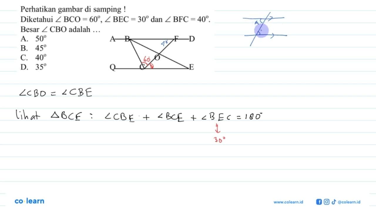 Perhatikan gambar di samping !Diketahui sudut BCO=60, sudut