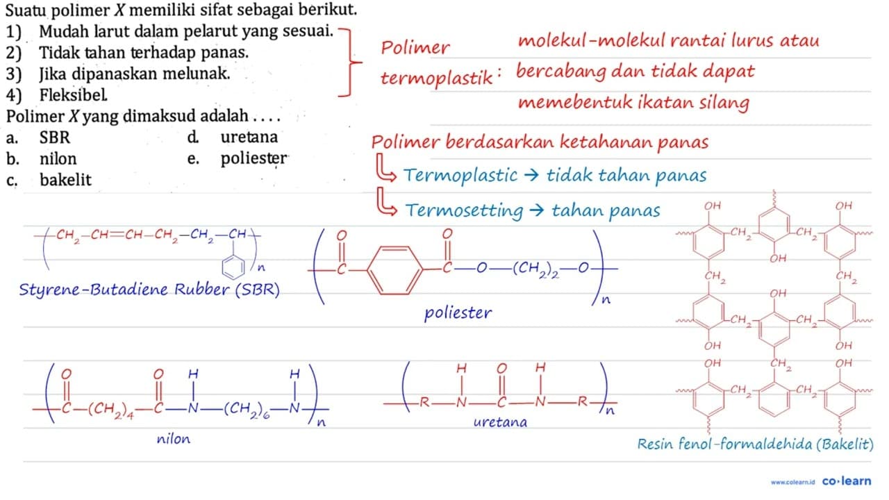 Suatu polimer X memiliki sifat sebagai berikut. 1). Mudah