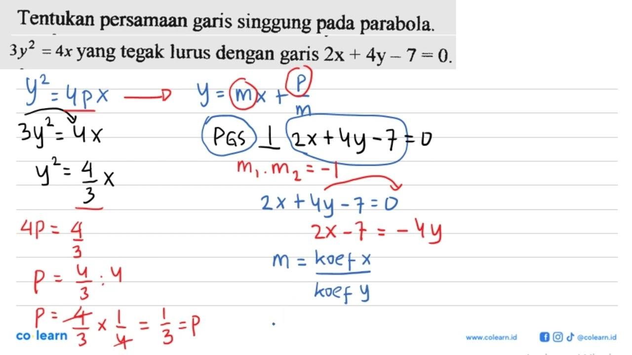 Tentukan persamaan garis singgung pada parabola 3y^2 = 4x