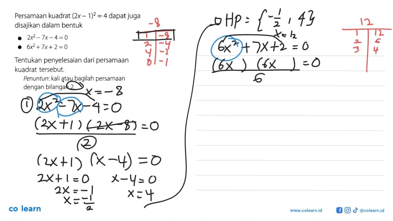 Persamaan kuadrat (2x - 1)^2=4 dapat juga disajikan dalam