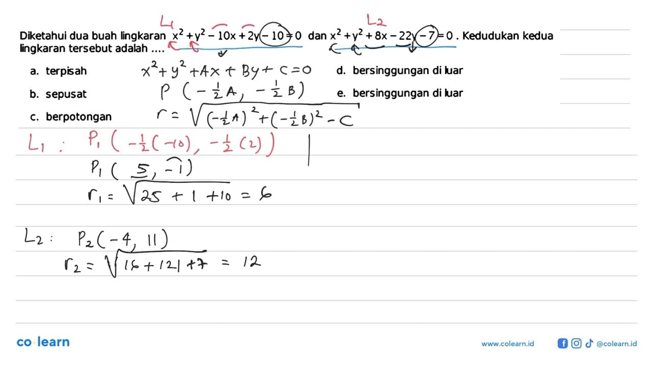 Diketahui dua buah lingkaran x^2+y^2-10x+2y-10=0 dan