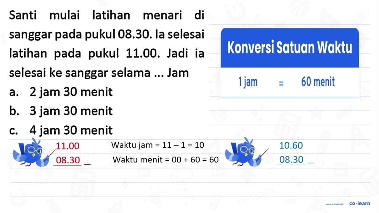 Santi mulai latihan menari di sanggar pada pukul 08.30. la