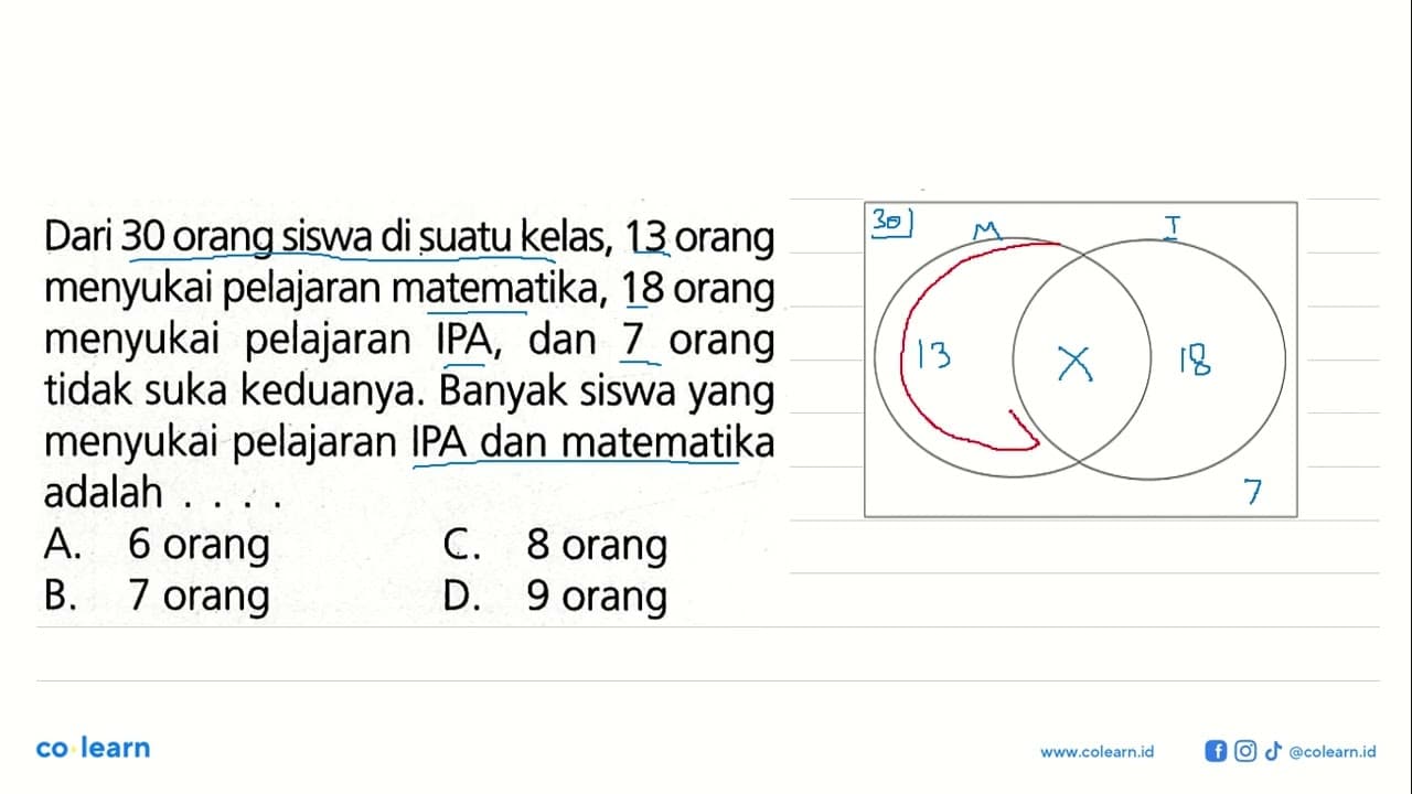 Dari 30 orang siswa di suatu kelas, 13 orang menyukai