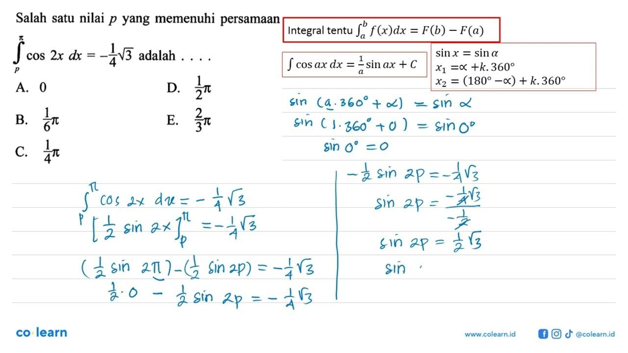 Salah satu nilai p yang memenuhi persamaan integral p pi