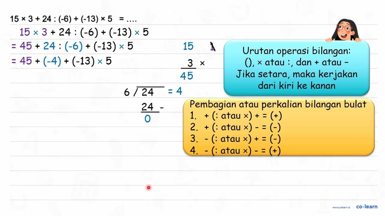 15 x 3+24:(-6)+(-13) x 5=...