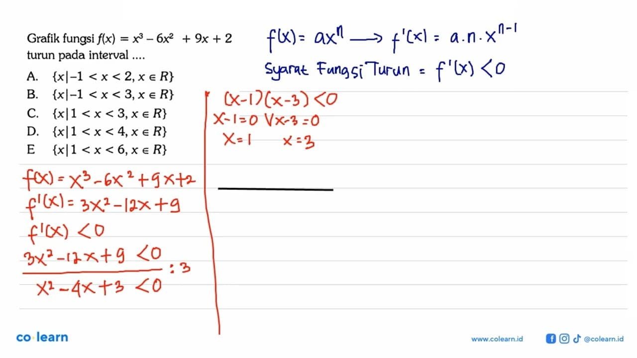 Grafik fungsi f(x)=x^3-6x^2+9x+2 turun pada interval ....