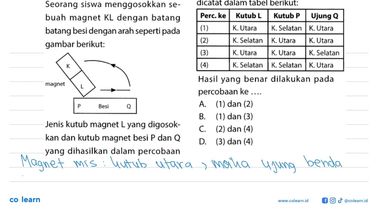 Seorang siswa menggosokkan sebuah magnet KL dengan