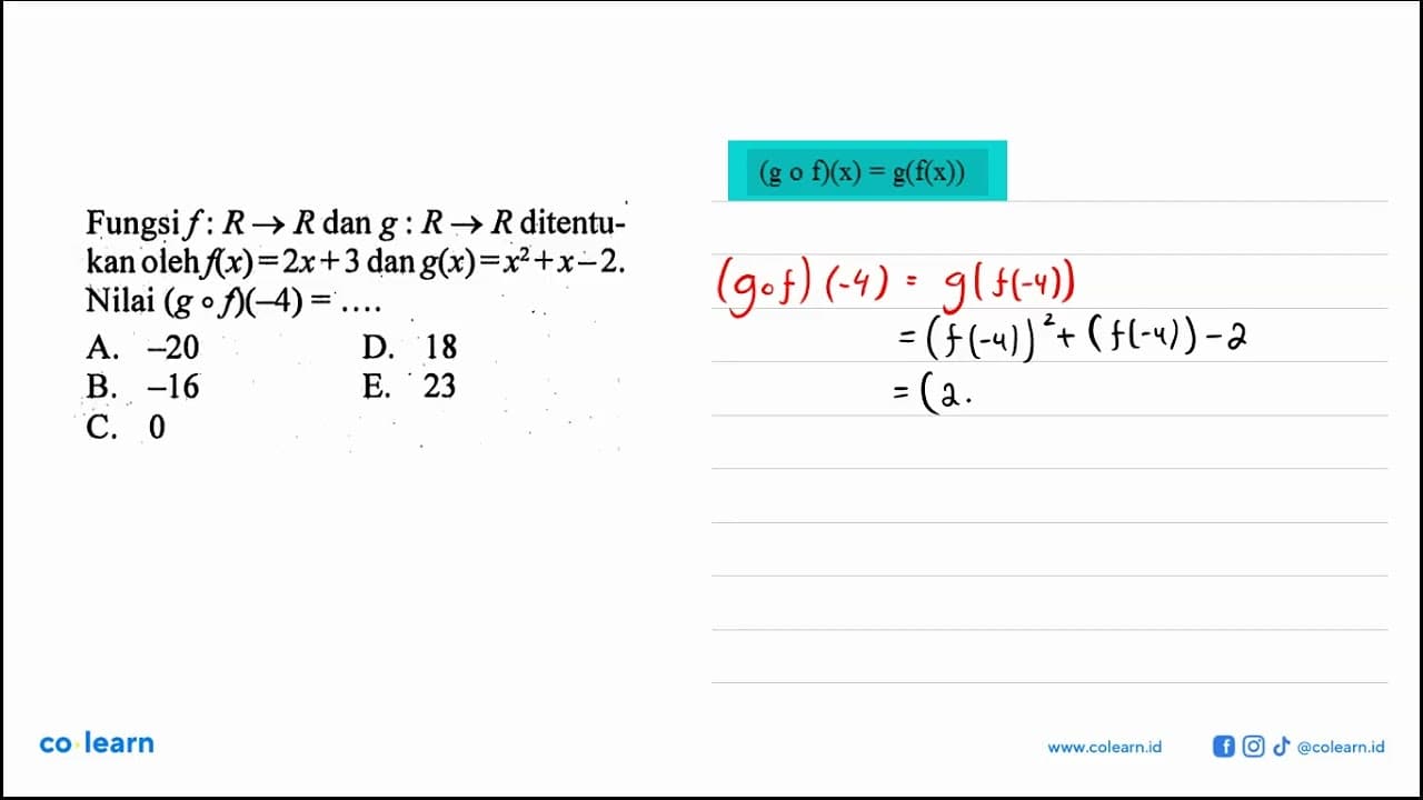 Fungsi f:R->R dan g:R->R ditentukan oleh f(x)=2x+3 dan