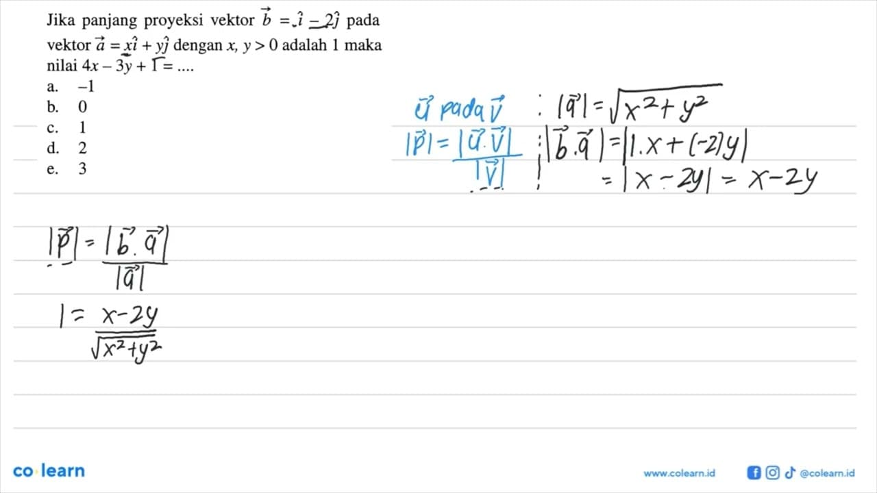 Jika panjang proyeksi vektor b=i-2j pada vektor a=xi+yj