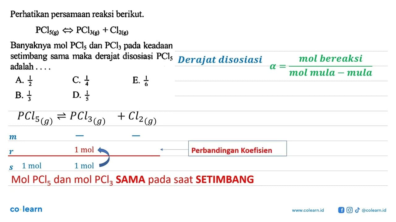 Perhatikan persamaan reaksi berikut. PCl5 (g) <=> PCl3 (g)