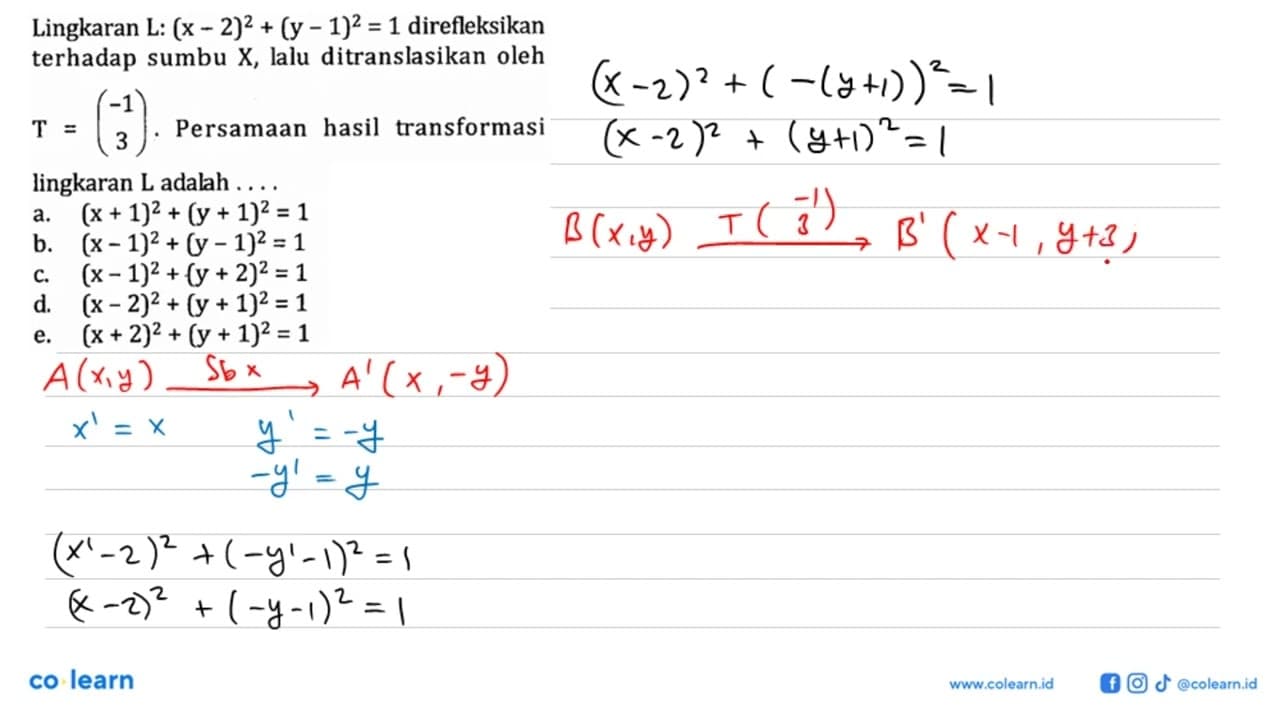 Lingkaran L: (x-2)^2+(y-1)^2=1 direfleksikan terhadap sumbu