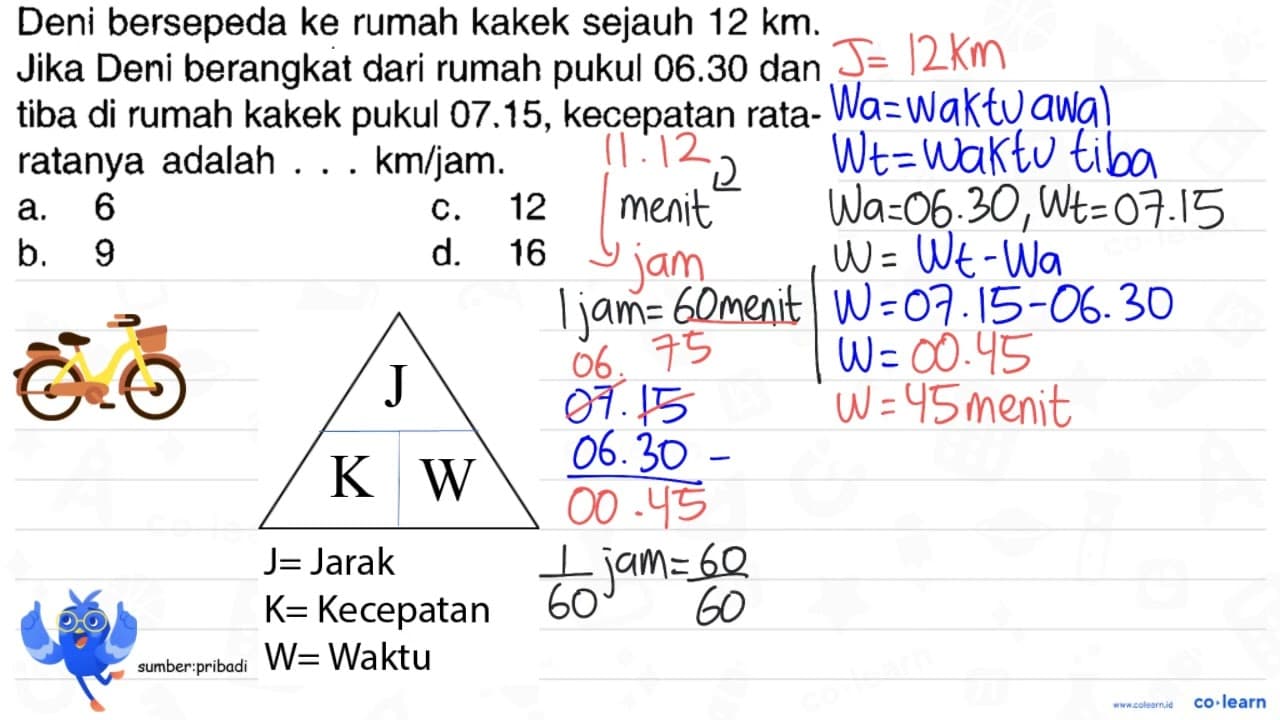 Deni bersepeda ke rumah kakek sejauh 12 ~km . Jika Deni