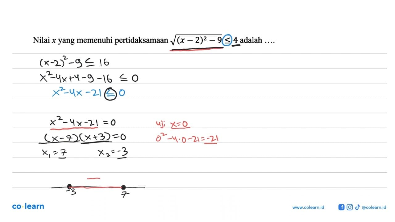 Nilai x yang memenuhi pertidaksamaan akar((x-2)^2-9)<= 4