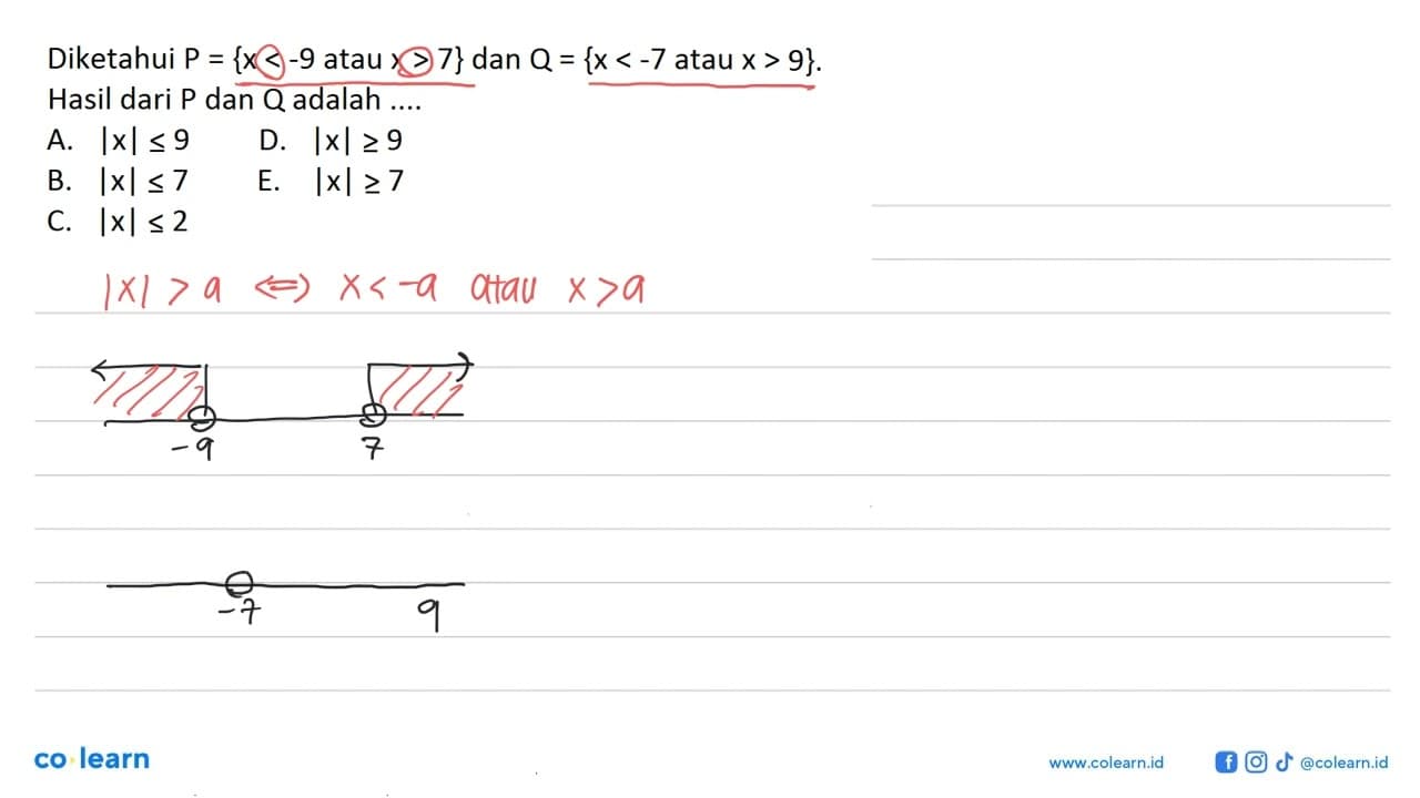 Diketahui P={x<-9 atau x>7} dan Q={x< -7 atau x>9}. Hasil