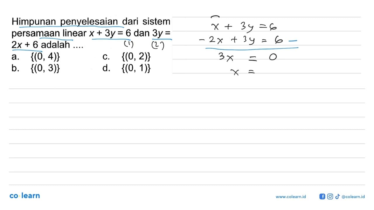 Himpunan penyelesaian dari sistem persamaan linear x+3y=6