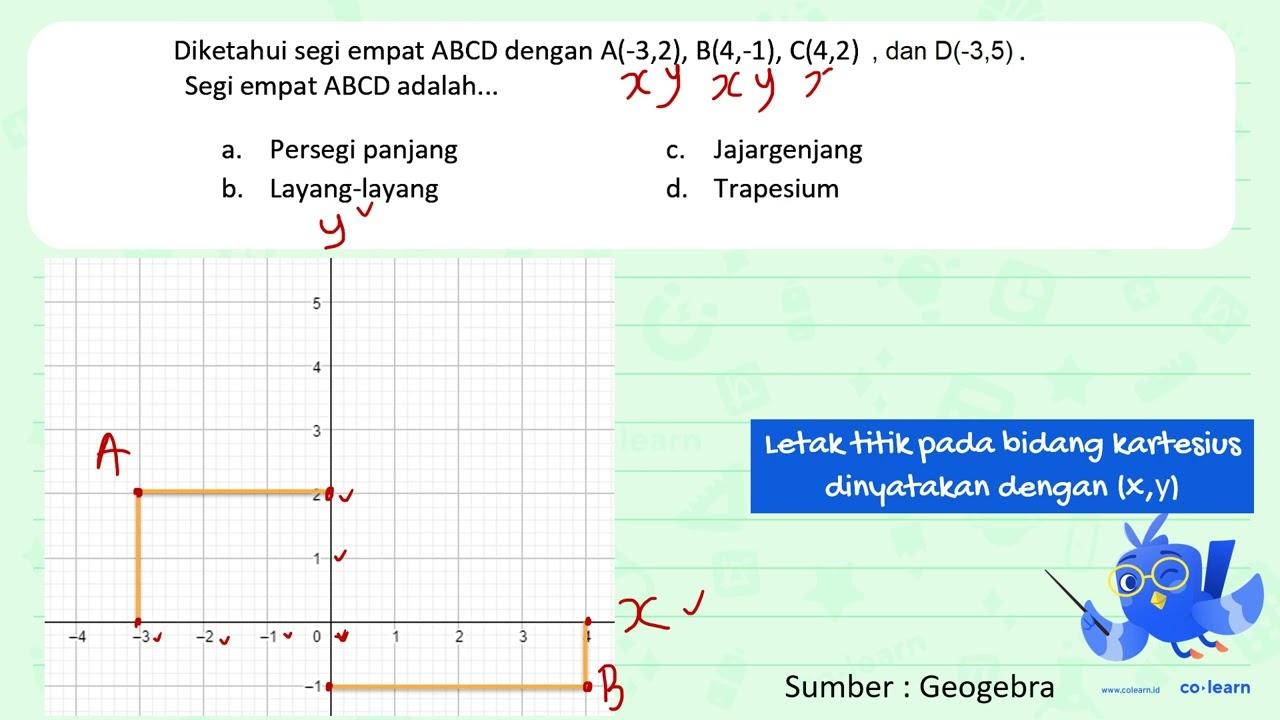 Diketahui segi empat A B C D dengan A(-3,2), B(4,-1),