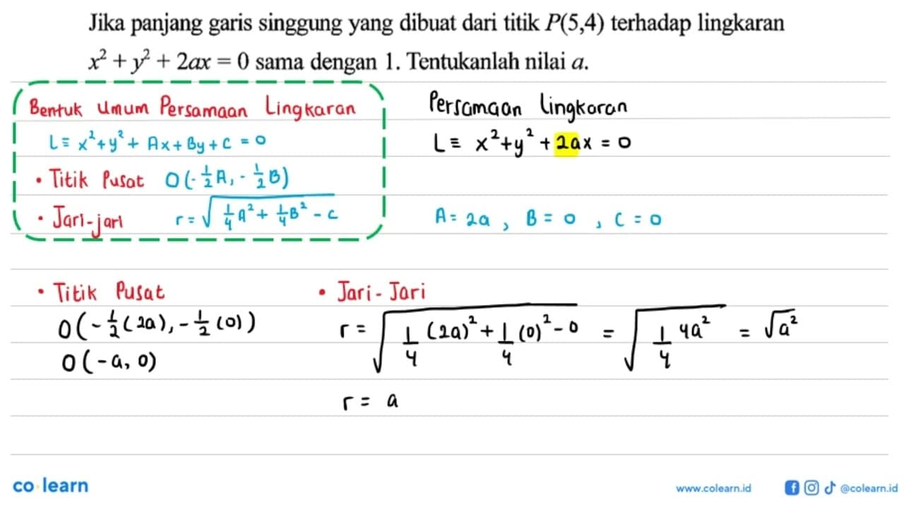 Jika panjang garis singgung yang dibuat dari titik P(5,4)