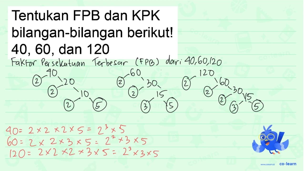 Tentukan FPB dan KPK bilangan-bilangan berikut! 40,60 , dan