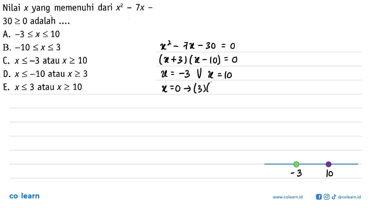 Nilai yang memenuhi dari x^2-7x-30 >= 0 adalah....