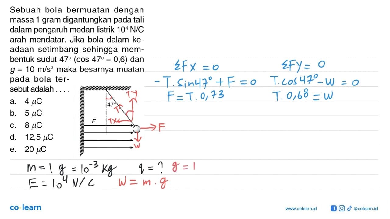 Sebuah bola bermuatan dengan massa 1 gram digantungkan pada