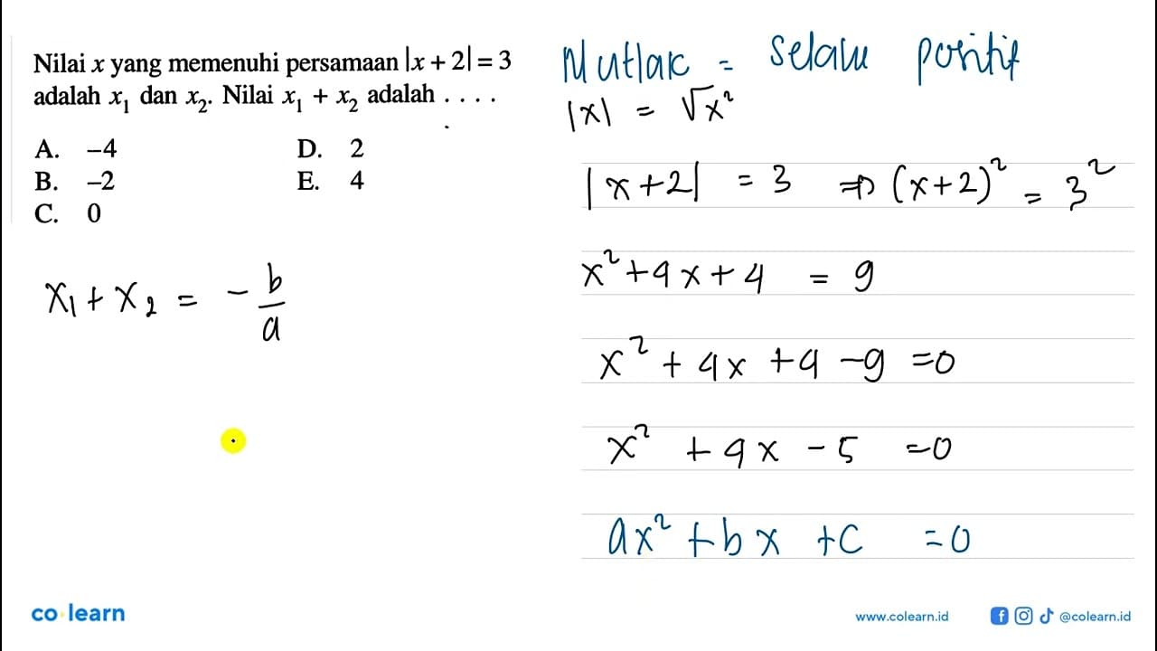 Nilai x yang memenuhi persamaan Ix+2|=3 adalah x1 dan x2.