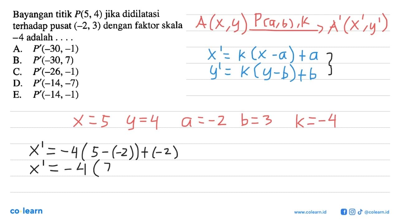 Bayangan titik P(5, 4) jika didilatasi terhadap pusat (-2,