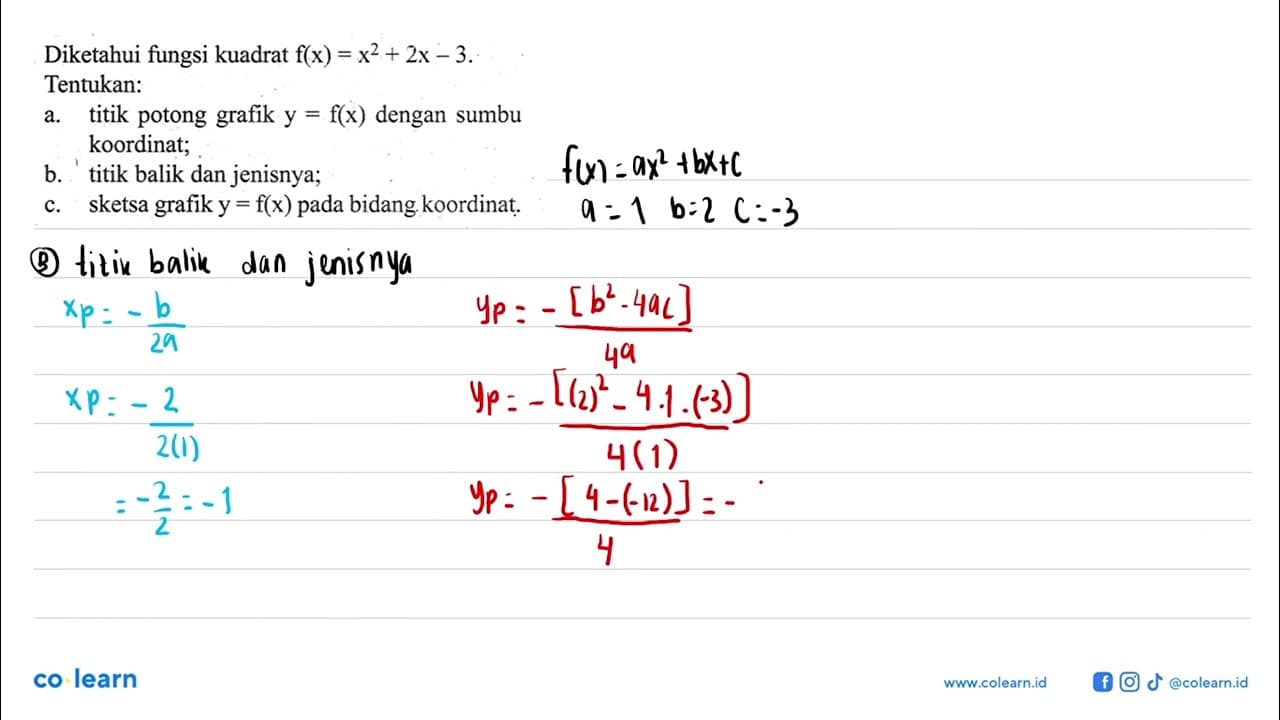 Diketahui fungsi kuadrat f(x) = x^2 + 2x - 3. Tentukan: a.