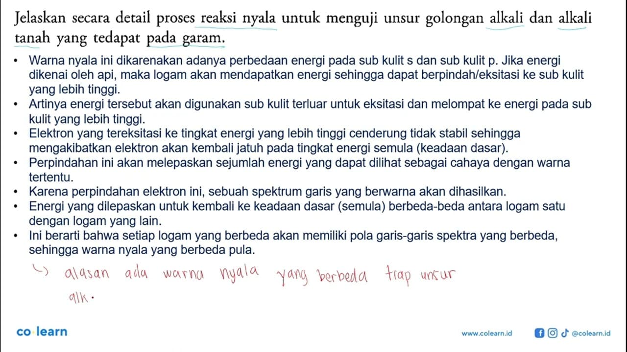 Jelaskan secara detail proses reaksi nyala untuk menguji