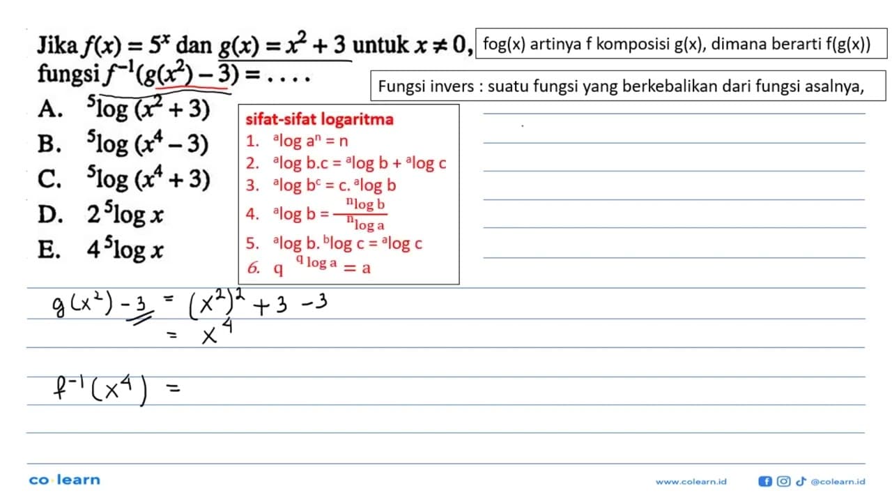 Jika f(x)=5^x dan g(x)=x^2+3 untuk x =/= 0 fungsi