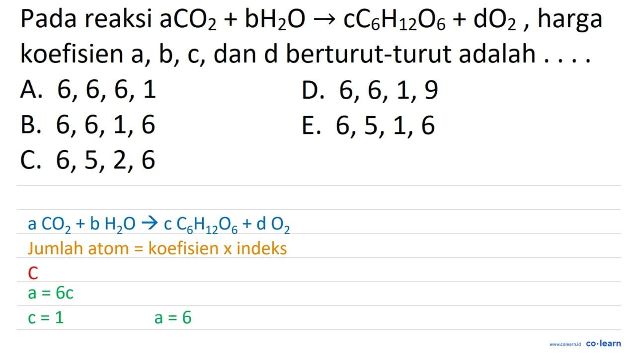 Pada reaksi aCO2+bH2 O -> cC6 H12 O6+dO2 , harga koefisien