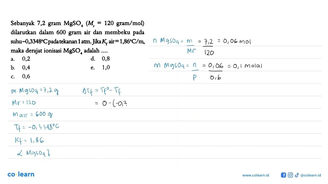 Sebanyak 7,2 gram MgSO4 (Mr = 120 gram/mol) dilarutkan