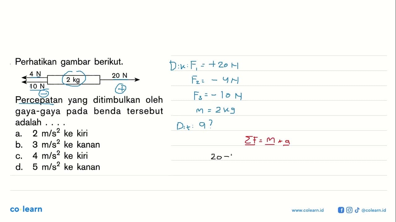 Perhatikan gambar berikut. 4 N 10 N 2 kg 20 N Percepatan