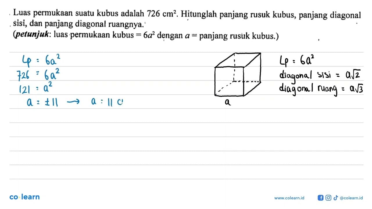 Luas permukaan suatu kubus adalah 726 cm^2. Hitunglah