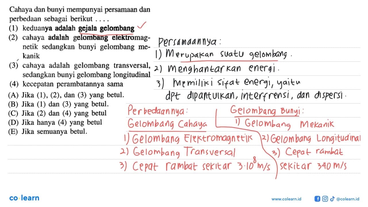 Cahaya dan bunyi mempunyai persamaan dan perbedaan sebagai
