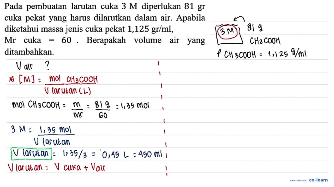 Pada pembuatan larutan cuka 3 M diperlukan 81 gr cuka pekat