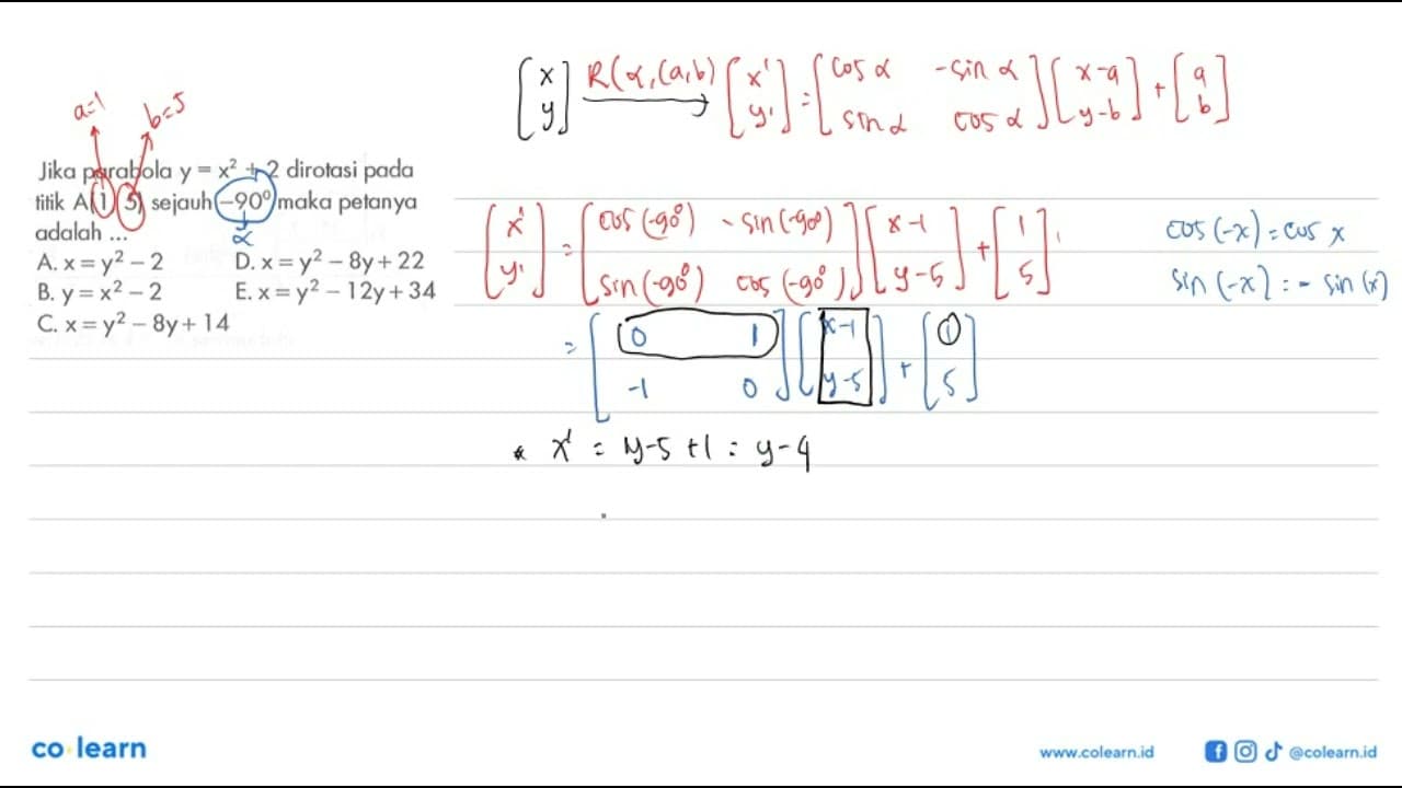 Jika parabola y=x^2+2 dirotasi pada titik A(1, 5) sejauh