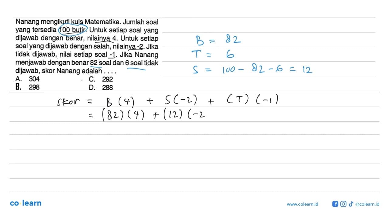 Nanang mengikuti kuis Matematika. Jumlah soal yang tersedia