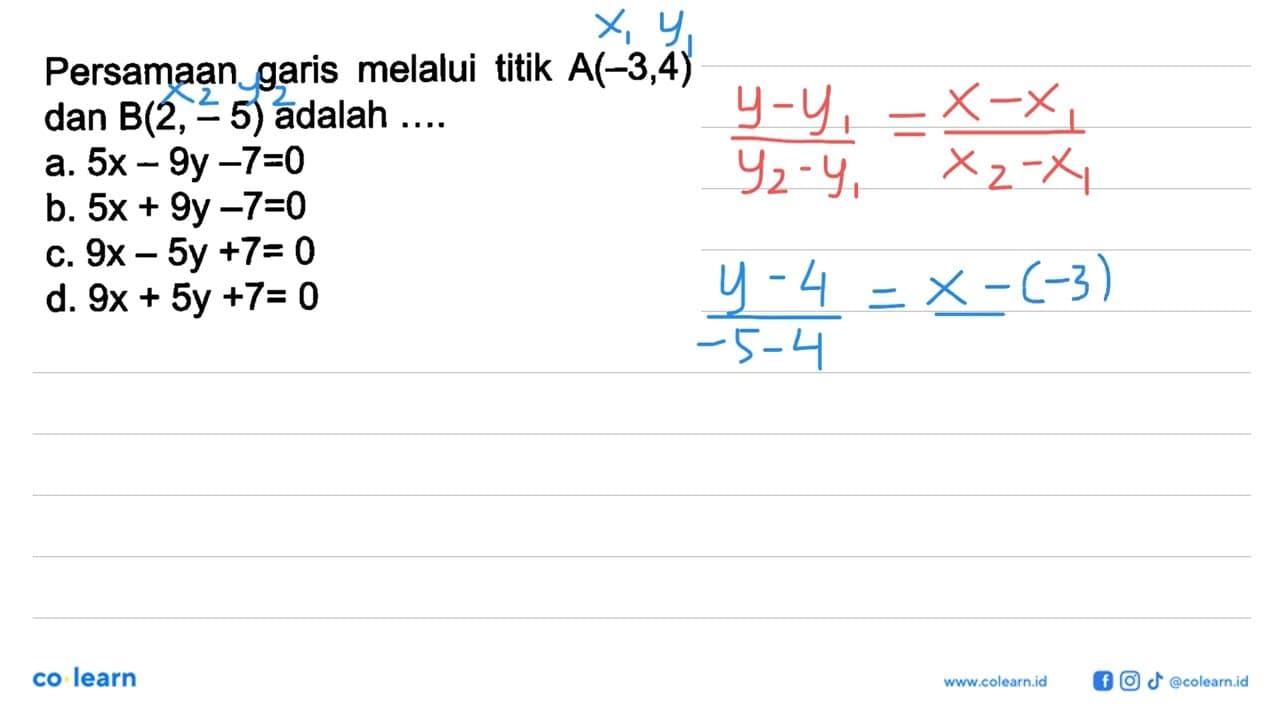 Persamaan garis melalui titik A(-3,4) dan B(2, - 5)