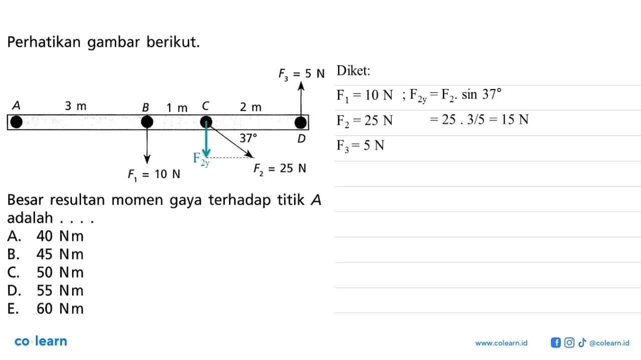 Perhatikan gambar berikut. A 3m B 1m F1 = 10 N C 2m 37 F2 =