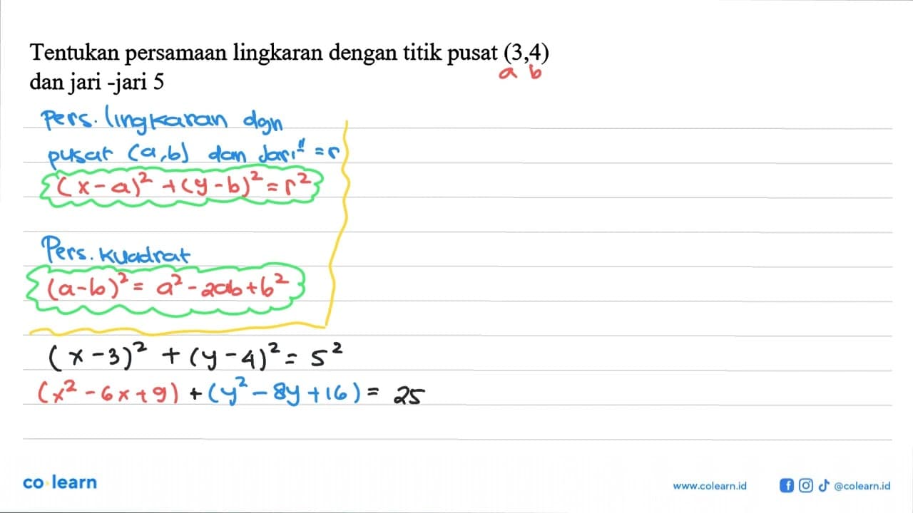 Tentukan persamaan lingkaran dengan titik pusat (3,4) dan