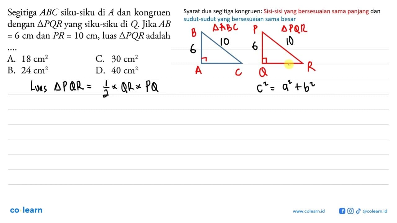 Segitiga ABC siku-siku di A dan kongruen dengan segitiga