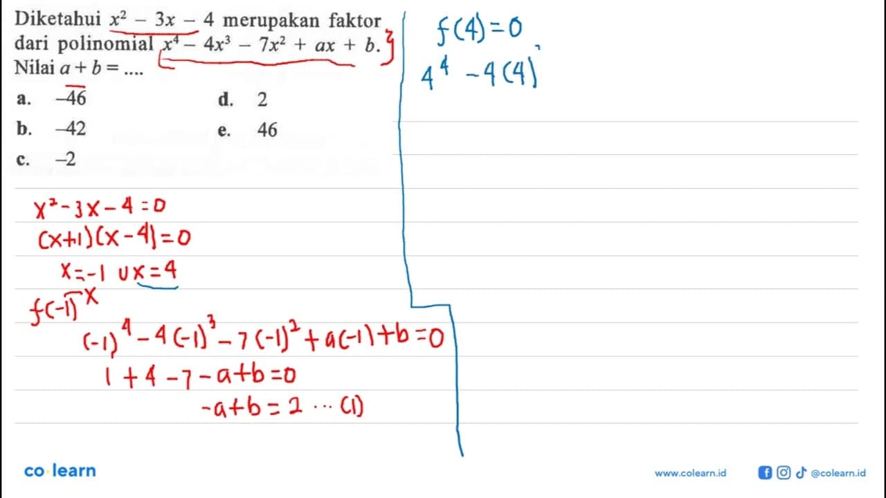 Diketahui x^2-3x-4 merupakan faktor dari polinomial