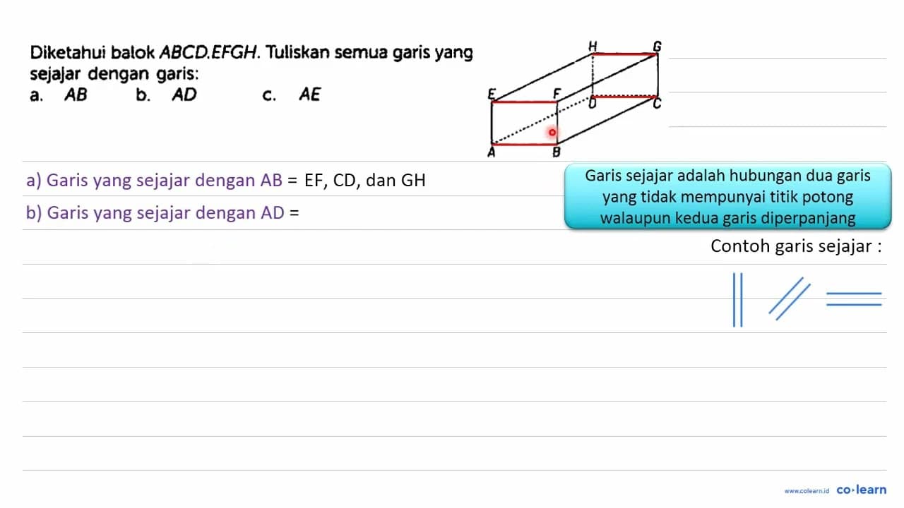 Diketahui balok ABCD.EFGH. Tuliskan semua garis yang