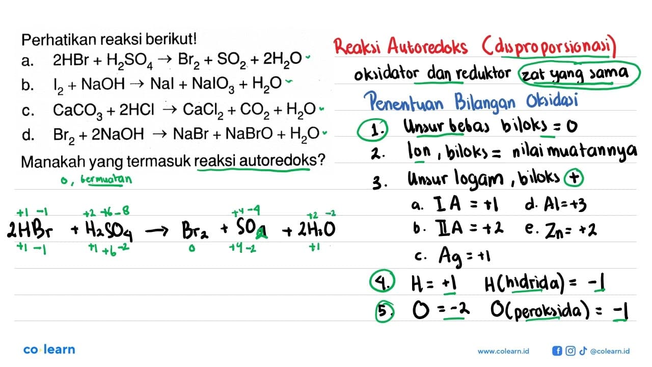 Perhatikan reaksi berikut! a. 2 HBr+H2SO4 -> Br2+SO2+2 H2 O