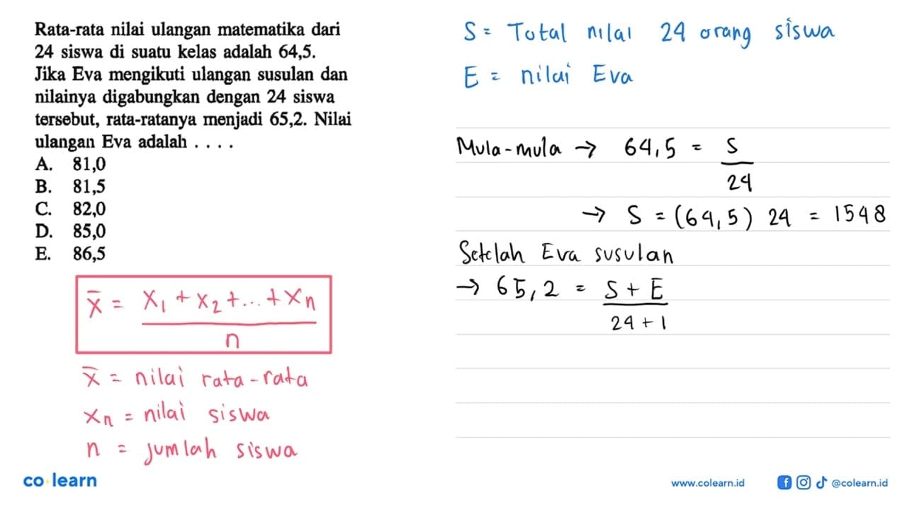 Rata-rata nilai ulangan matematika dari 24 siswa di suatu