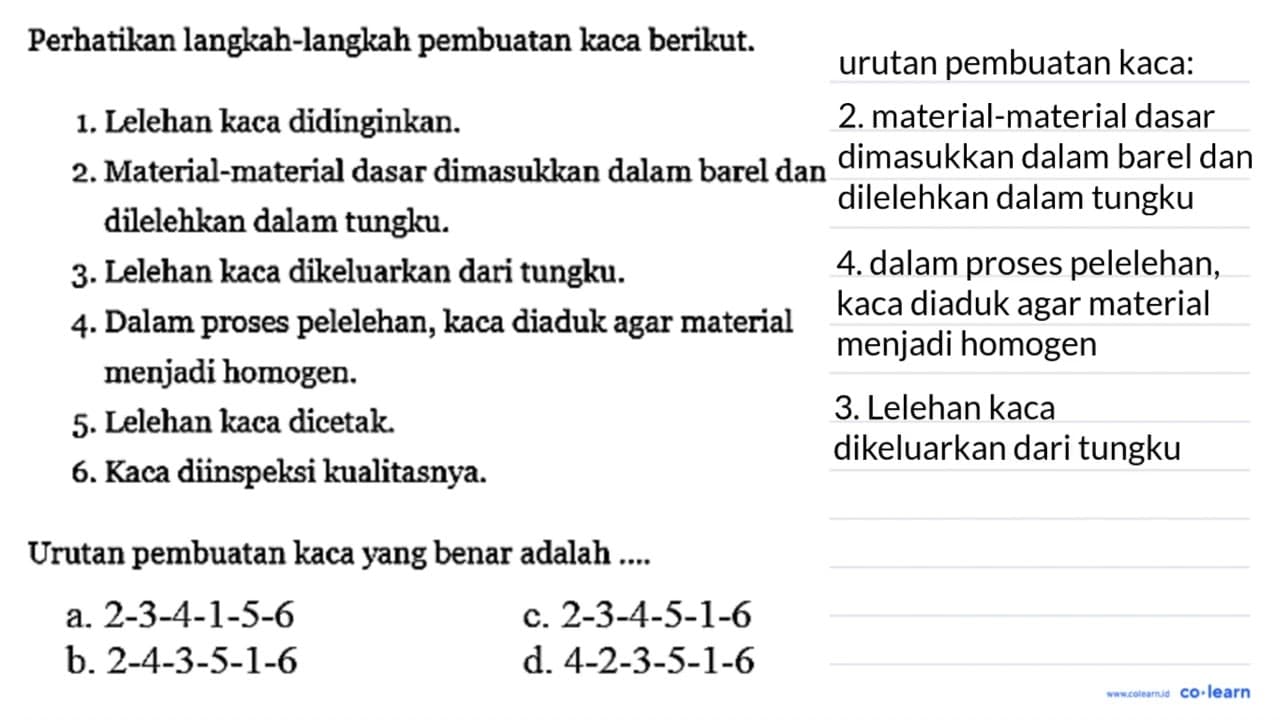 Perhatikan langkah-langkah pembuatan kaca berikut. 1.