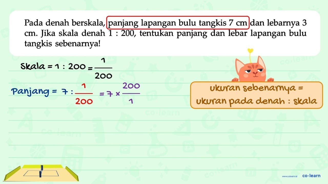 Pada denah berskala, panjang lapangan bulu tangkis 7