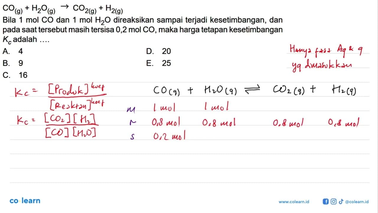 CO(g) + H2O(g) -> CO2(g) + H2(g) Bila 1 mol CO dan 1 mol