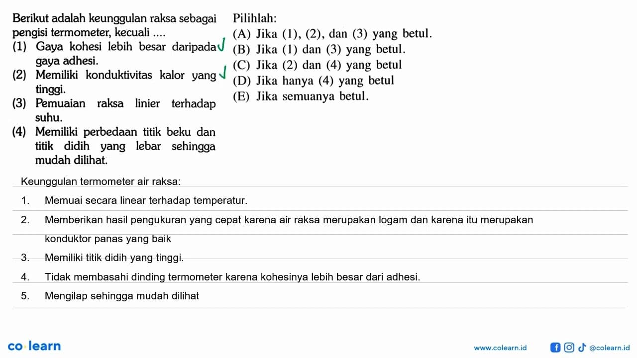 Berikut adalah keunggulan raksa sebagai Pilihlah:pengisi